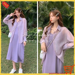 Set Váy Hai Dây  Áo Sơ Mi Khoác Ngoài  Phối Đầm Hai Hây Tím Nữ Tính Sexy Nổi Bật Đi Chơi Dạo Biển Chụp Hình Big Fashion