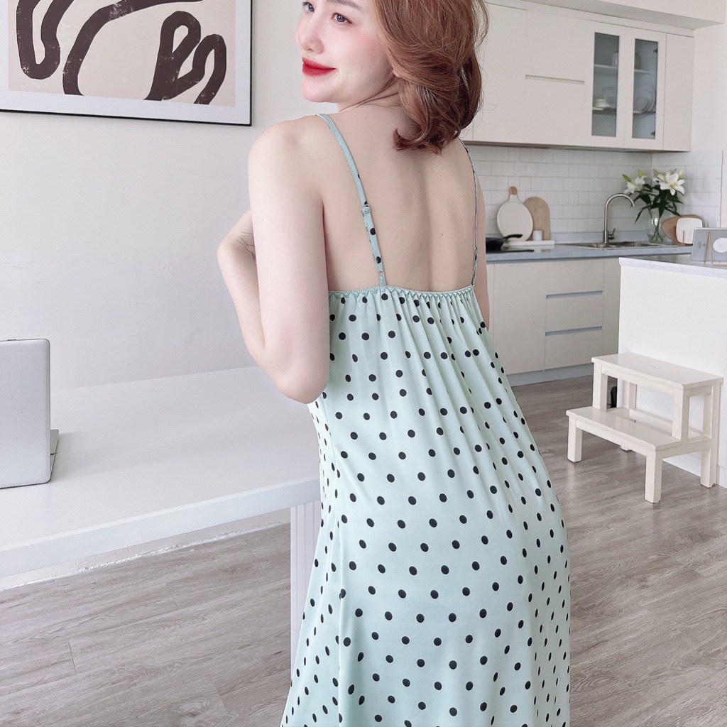 Đồ ngủ nữ cao cấp, áo choàng ngủ họa tiết chấm bi chất lụa Latin mềm mại mịn màng và quyến rũ S90 - Đồ ngủ xinh Vy Linh