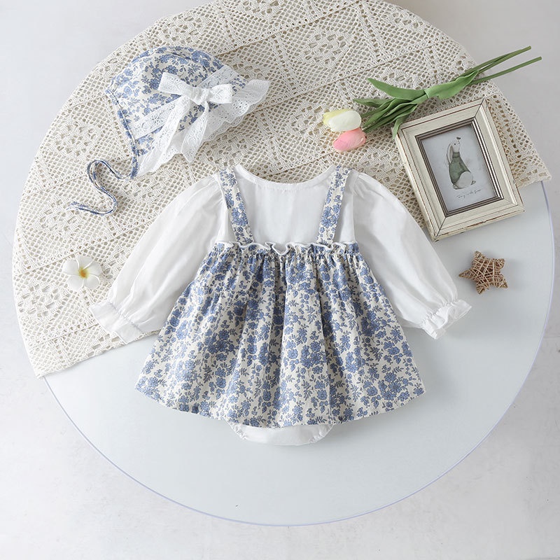 Bộ Áo Liền Quần Cotton Tay Dài In Hoa + Mũ Thời Trang Cho Bé Gái 0-2 Tuổi