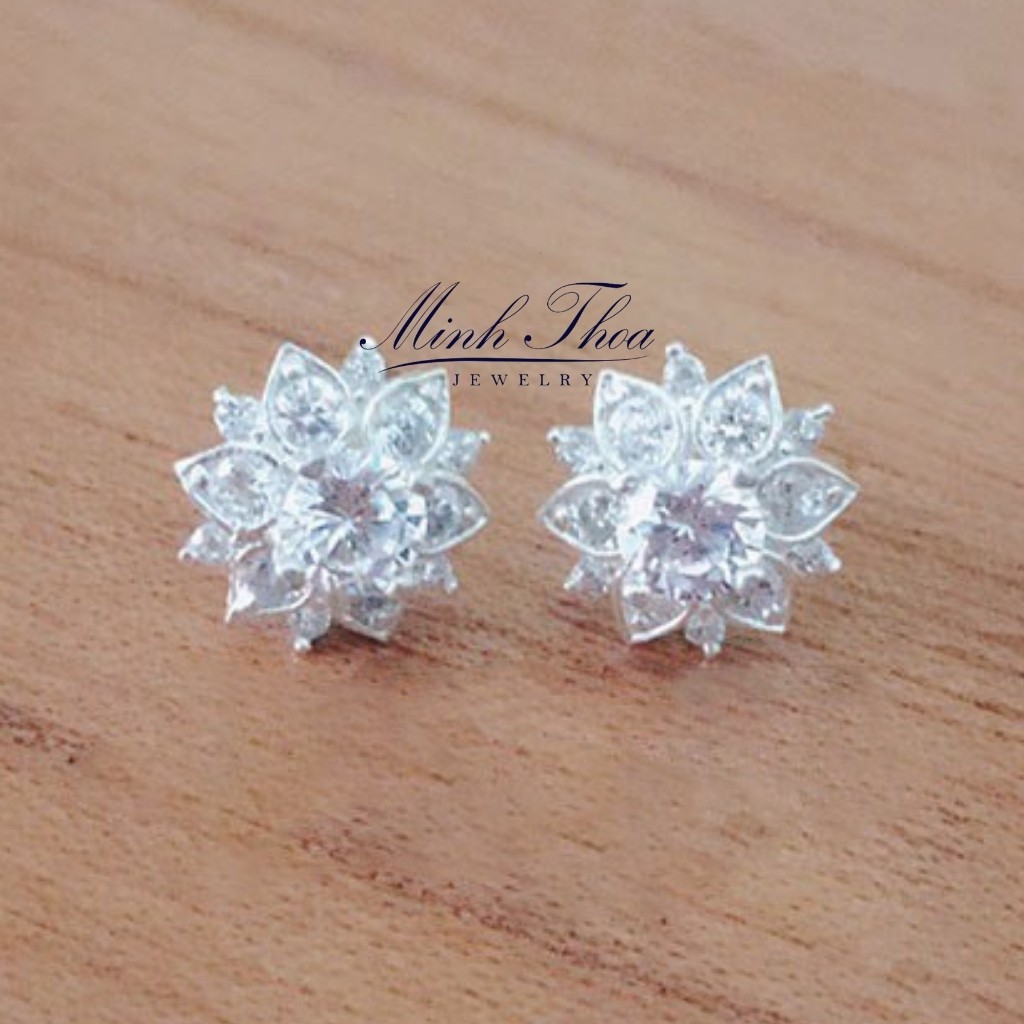 Bông tai nữ bạc đẹp, khuyên tai hoa sen trang sức bạc ta đính đá-Minh Thoa JEWELRY