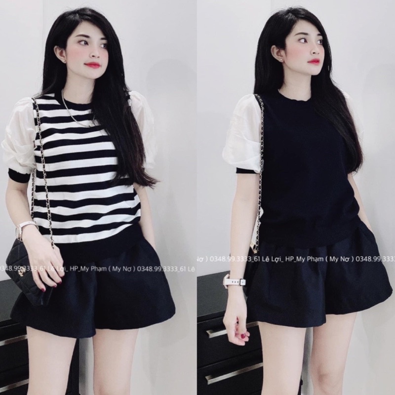 BÁN SỈ ÁO LEN CỔ TRÒN PHA TAY VOAN 2 MÀU ĐEN KẺ CHO NỮ