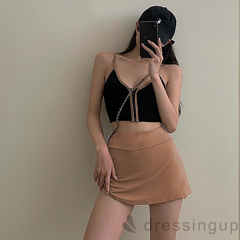 Chân Váy Ngắn Lưng Cao Màu Trơn Phối Lớp Lót Màu Trắng/Đen/Khaki/Xám Cho Nữ