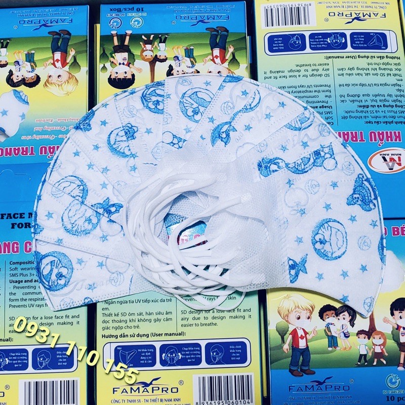 Hộp 10 Cái Khẩu Trang Cho Bé Dưới 10 Tuổi 5D KIDS FAMAPRO/ Khẩu Trang Y Tế Trẻ Em 3 Lớp Chống Bụi Mịn, Kháng Khuẩn