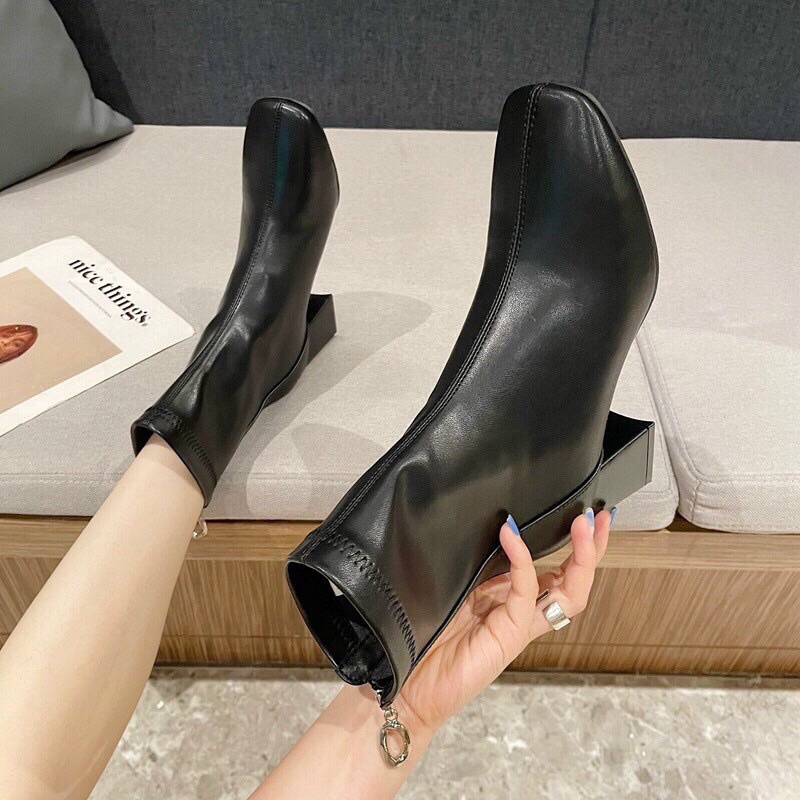 Bốt nữ gót vuông da xịn dọc giữa khoá sau Cao Cấp, giày boots nữ cổ lửng da mềm thời trang | BigBuy360 - bigbuy360.vn