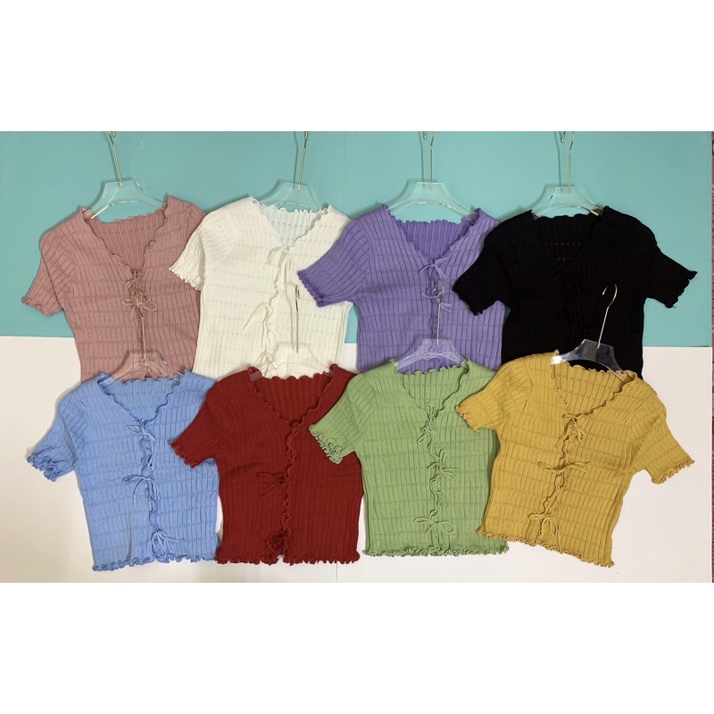 áo len mông hoạ tiết kiểu cộc tay nơ buộc trước điệu đà (23117#)