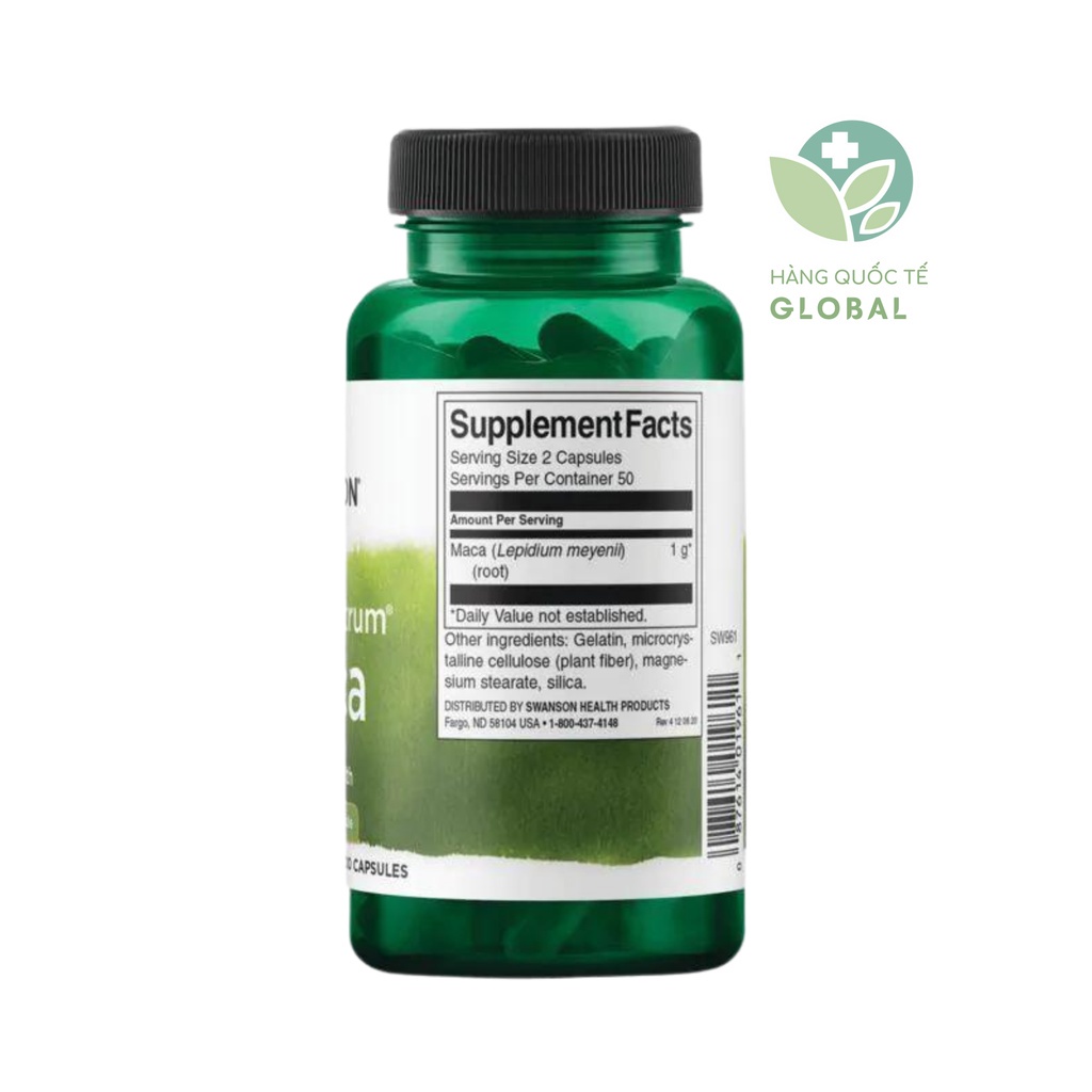 SWANSON MACA 500mg, 100 viên, Hỗ trợ tăng cường sinh lý cho nam nữ