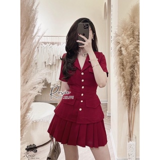 Sét vest cúc chân váy xếp ly dáng basic tt