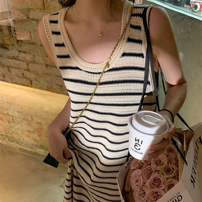 Váy Dệt Kim Sọc Cổ Điển 185445 Đầm Chữ a Không Tay Phong Cách Hàn Quốc Cổ Điển