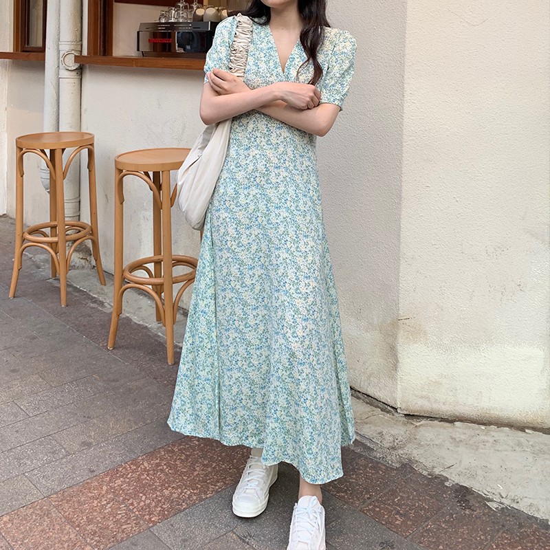 Đầm Maxi Nữ Tay Ngắn Cổ Chữ V Họa Tiết Hoa Phong Cách Hàn Quốc | BigBuy360 - bigbuy360.vn