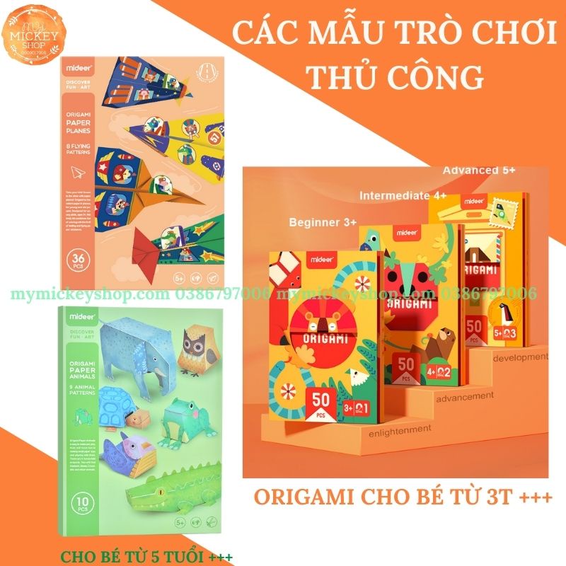 Mideer Origami giấy xếp hình thủ công khéo tay diy hand made nhiều mẫu Động vật, máy bay, 3 cấp độ