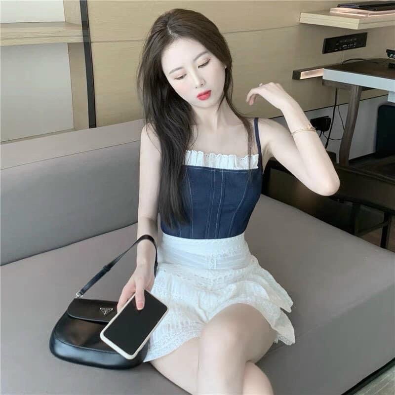 SET ÁO JEAN + CV TRẮNG VIỀN REN