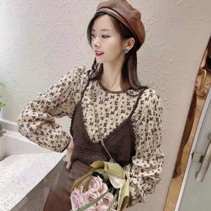 Set áo sơ mi tay dài họa tiết hoa + áo khoác voan thời trang mùa thu mới 2021