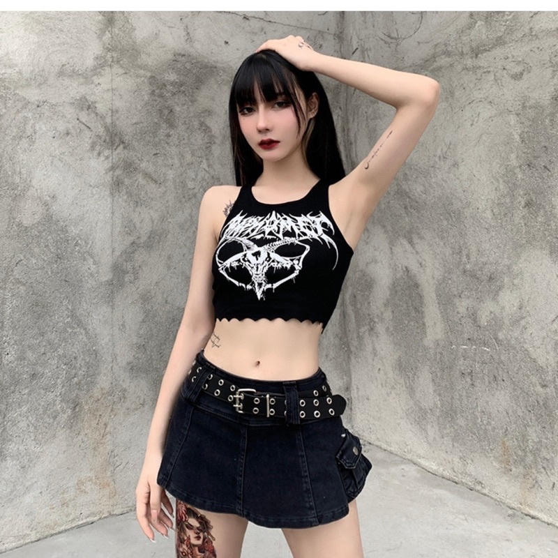 Áo Croptop 3 Lỗ Cổ U In Hình Chất Chơi Ngầu Lòi Phong Cách Gothic Punk - Chuly
