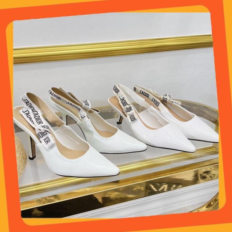 Giày Sandal, Giày Cao Gót Nữ dior trắng gót 6p da bóng hàng fullbox + bill + túi giấy