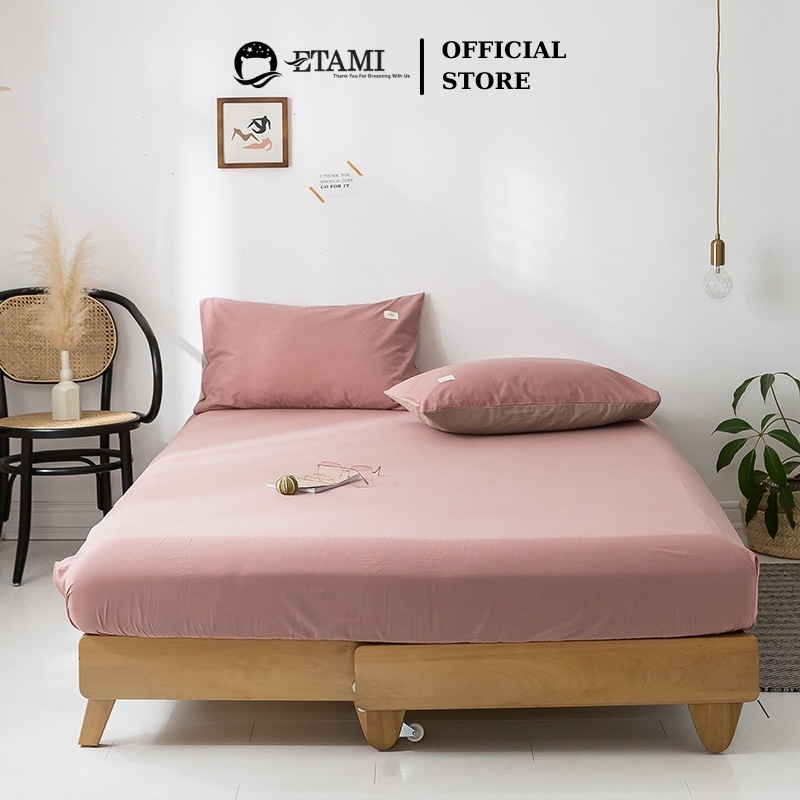 Bộ ga gối cotton tici ETAMI ga trải giường màu hồng đậm bo chun cho drap giường ga trải giường T03