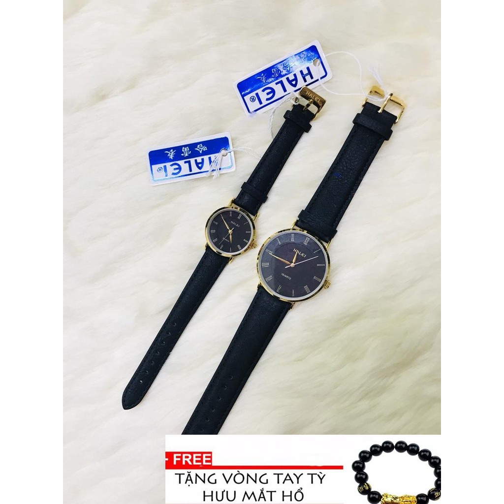 Cặp Đồng hồ nam dây da cao cấp (HL332 dây đen mặt đen) -TẶNG 1 vòng tỳ hưu phong thủy may mắn 99k