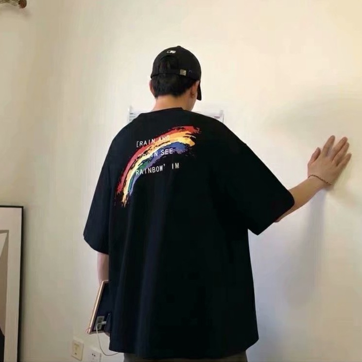 Áo Thun Form Rộng Tay Lỡ Họa Tiết Sọc Cầu Vồng Phong Cách Nhật Bản