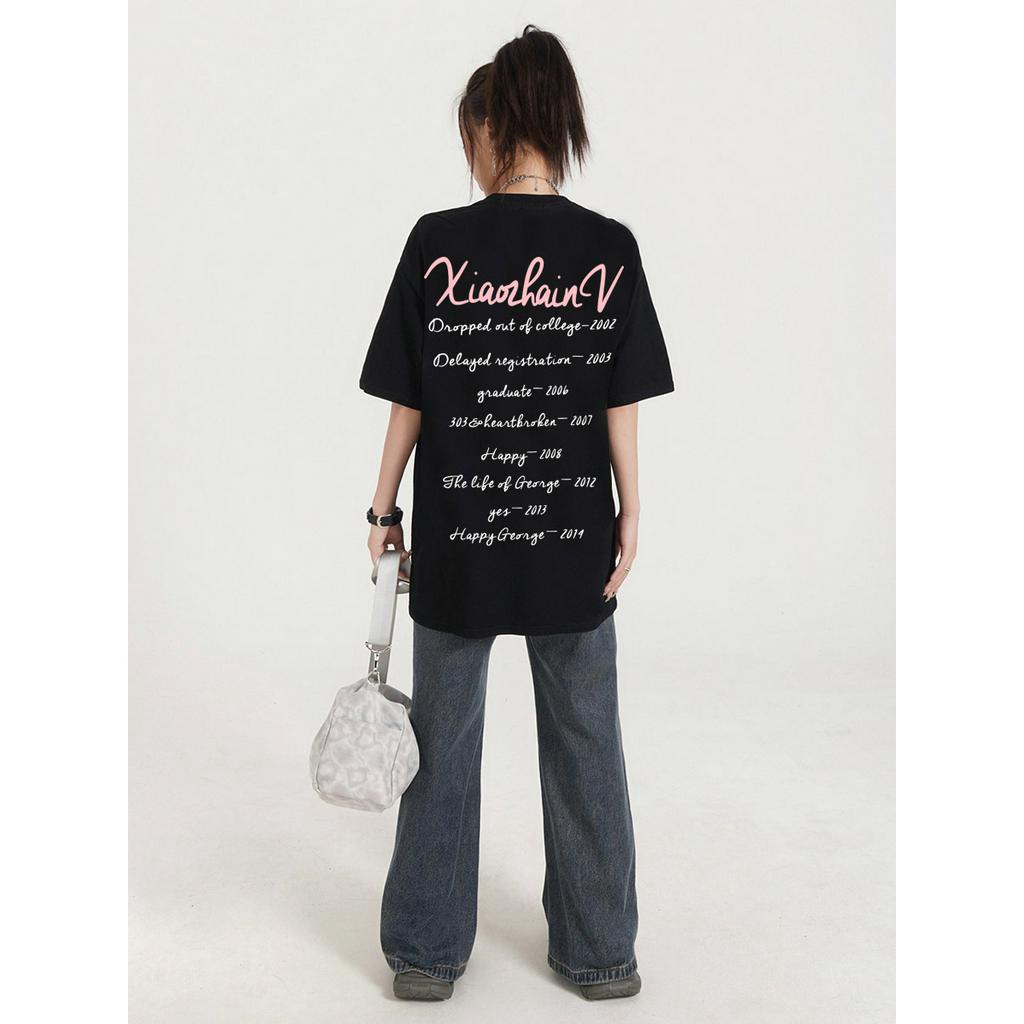 SELVZE Áo Thun cotton Tay Ngắn Dáng Rộng In Hình Trước Và Sau Phong Cách hip hop Đường Phố Cá Tính