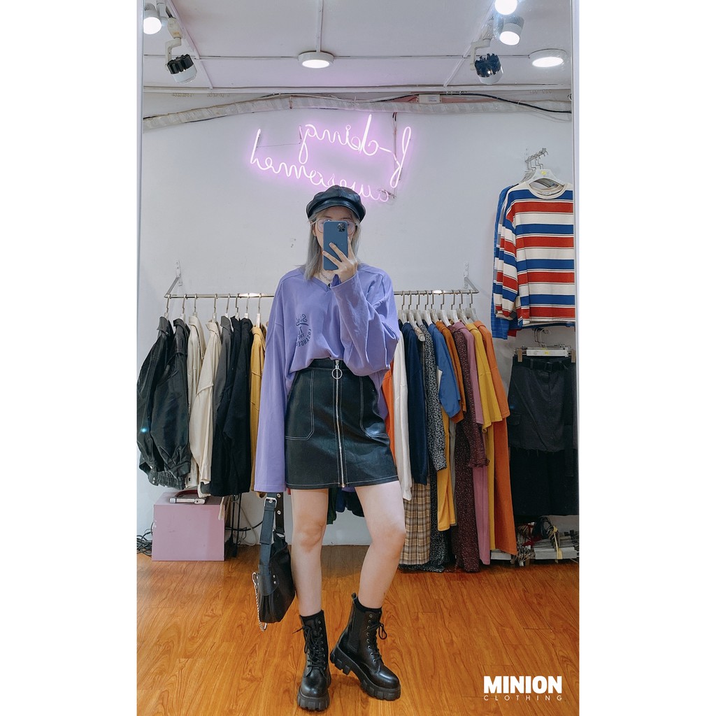 Chân váy da dáng chữ A MINION CLOTHING dài trên gối Ulzzang Streetwear Hàn Quốc chất da dày dặn không bong tróc V2805