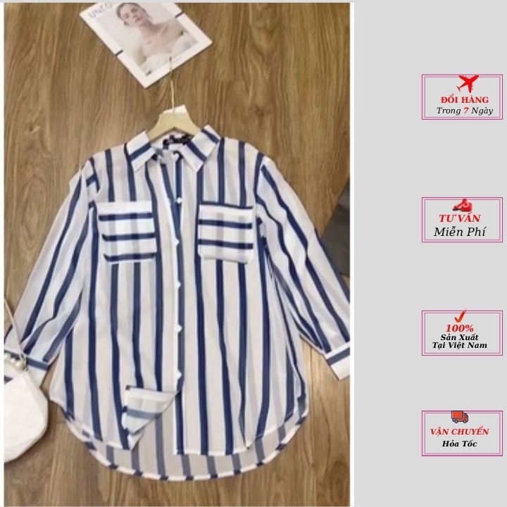 set áo sơ mi nữ form rộng kiểu kẻ sọc xanh trắng đẹp dài tay hàn quốc cao cấp,Chất vải tằm voan cực mát kiểu YoLoFashion