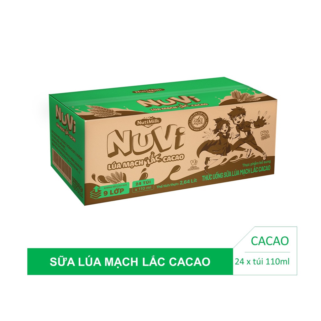 Thùng 24 túi NuVi Thức uống Sữa Lúa mạch Lắc Cacao túi 110 ml