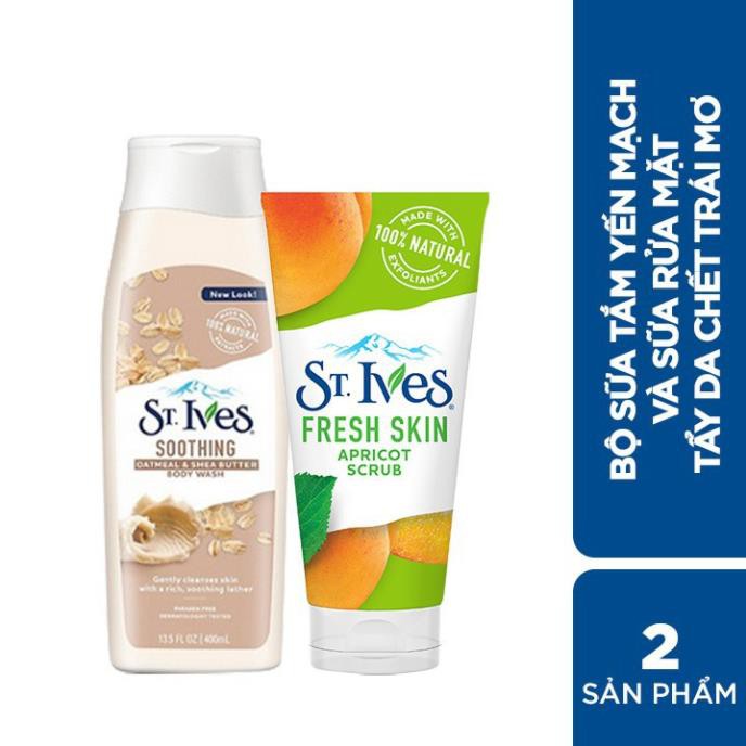 Combo Sữa tắm St.Ives Chiết Xuất Yến Mạch và Bơ 400ml và Sữa rửa mặt tẩy tế bào chết St.Ives Chiết Xuất Trái Mơ 170g