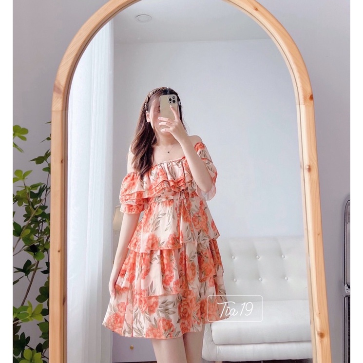 Váy hoa trễ vai tầng Tia19. Đầm trễ vai tầng (ảnh thật).