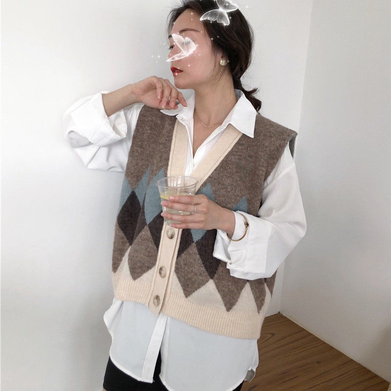 Áo khoác cardigan cổ chữ V dáng rộng họa tiết kim cương phong cách Hàn Quốc thời trang cho nữ
