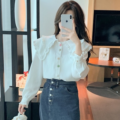 【ZHELIHANGFEI】Áo Sơ Mi Tay Dài Cổ Búp Bê Phong Cách Phương Tây