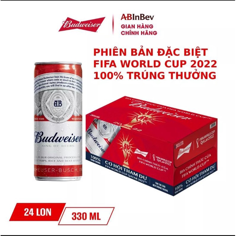 Bia BUDWEISER - Bia Mỹ bán chạy nhất thế giới, Nồng độ cồn 5%, Thùng 24 lon x 330ml