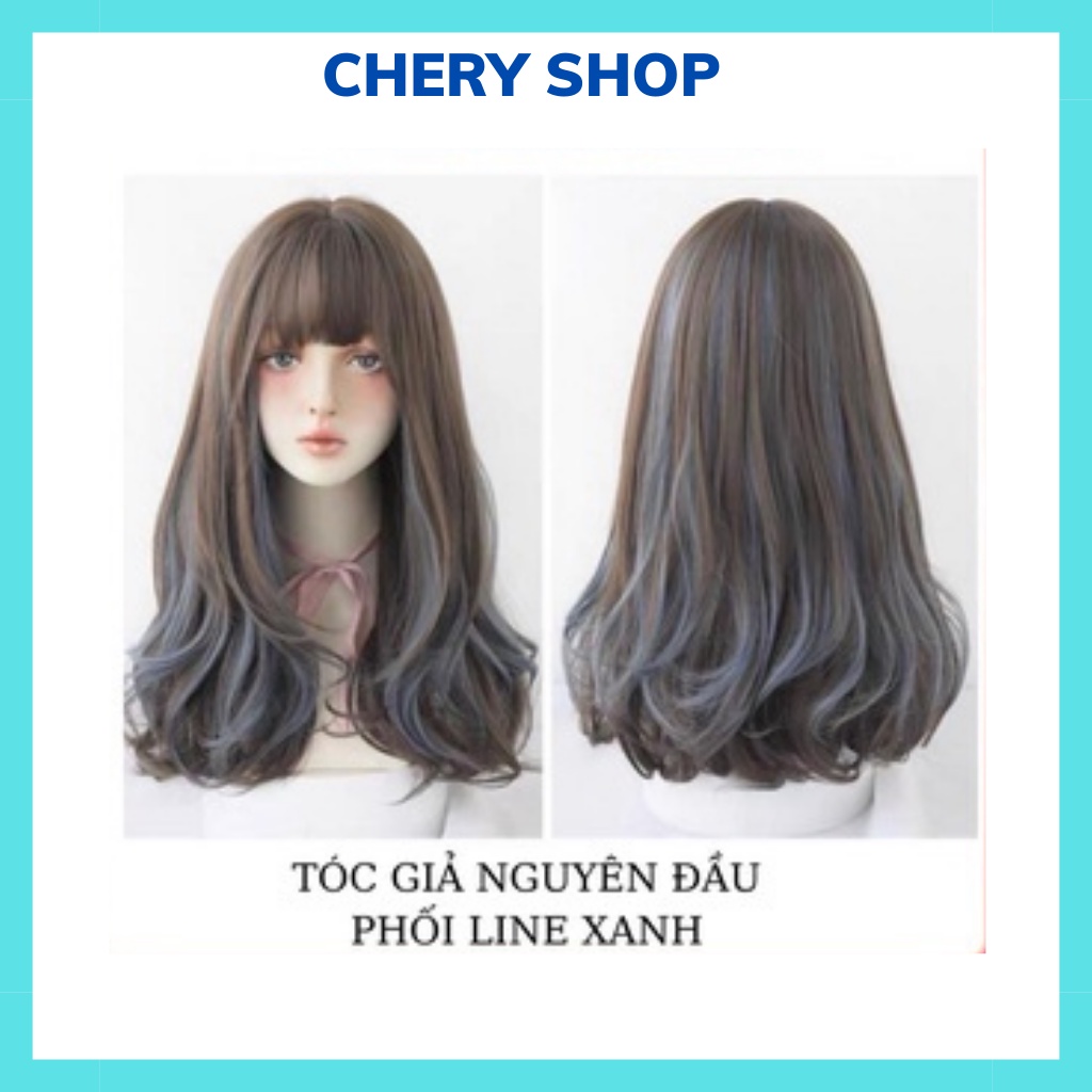 Tóc giả nữ nguyên đầu xoăn phối line xanh coban, tặng kèm lưới trùm tóc mã C8276