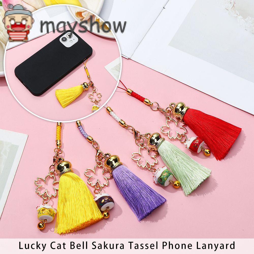 MAYSHOW Lovely Tassel Phone Lanyard Japanese Style Lucky Cat Cell Phone Hang Rope New Accessories Cherry Blossoms Keychain Wrist Rope Bag Charm Pendant Hang Rope Bells/Multicolor