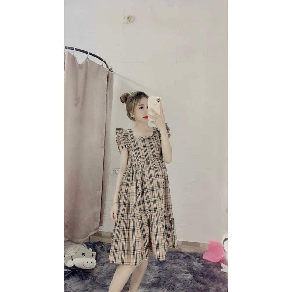 Đầm bầu công sở thiết kế họa tiết kẻ sọc váy bầu hè tay hến thoáng mát V1380