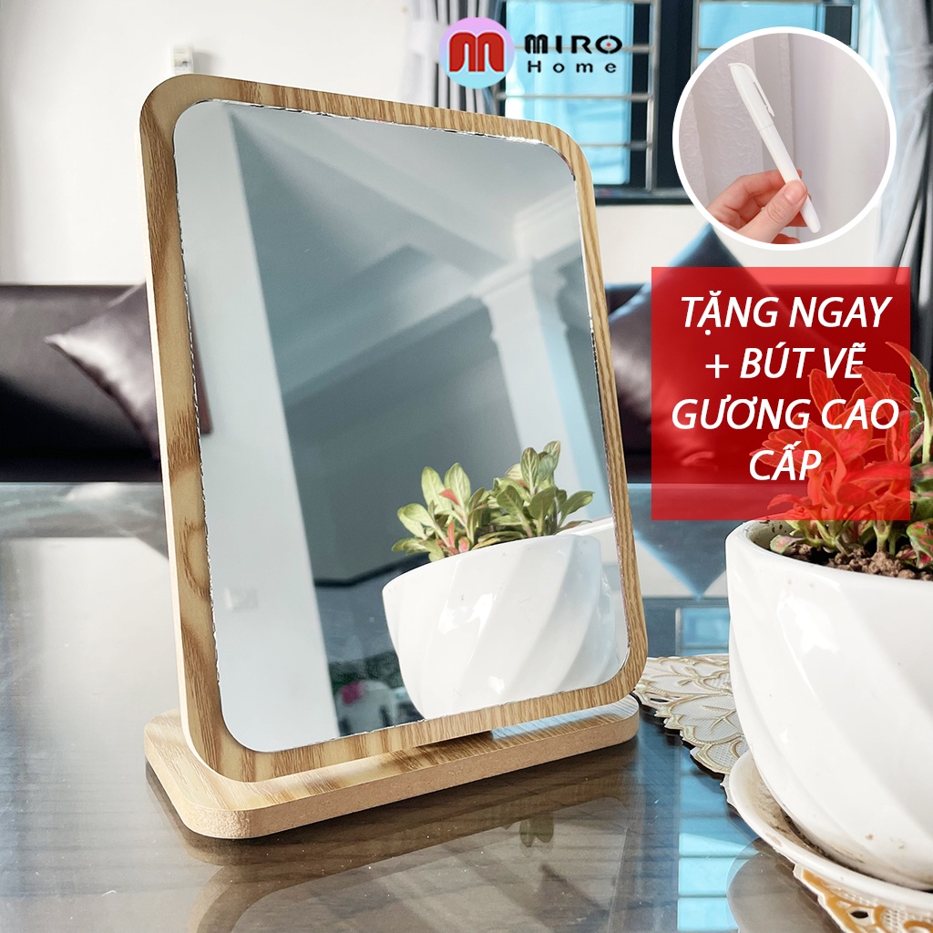 Gương trang điểm để bàn bằng gỗ chữ nhật, hình bầu dục xoay 360 độ size lớn, gương soi phong cách châu âu MIROHOME