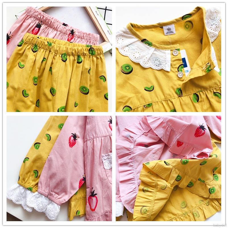 Bộ đồ ngủ 2 món gồm áo tay dài + quần dài bằng cotton thoáng khí in họa tiết trái cây dễ thương cho bé gái