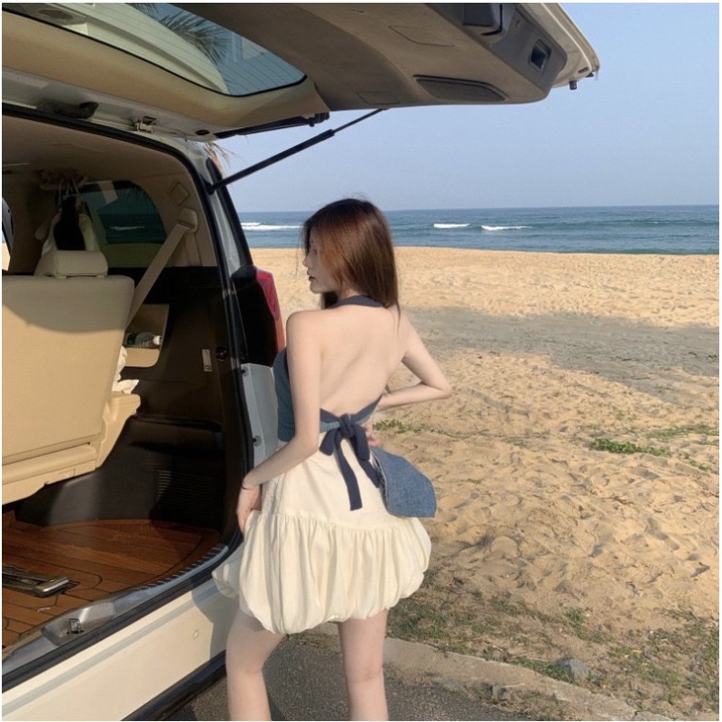 Áo Yếm len dệt kim xanh cột nơ hở lưng nhà Cỏ boutique, áo croptop đi biển