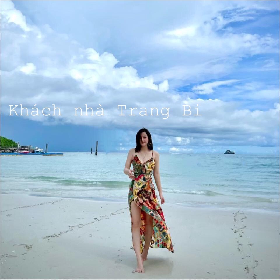 Váy maxi, đầm dáng dài hai dây xẻ đùi họa tiết hoa lá độc lạ, kèm ảnh thật khách mặc