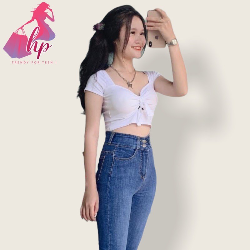 Áo kiểu croptop nữ đẹp ôm body tay ngắn cổ V thắt nơ ngực  phong cách hàn quốc cực dễ thương mẫu mới thời trang 2021 | BigBuy360 - bigbuy360.vn