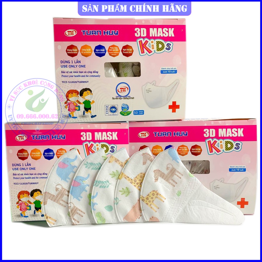 [Hộp 50Cái] Khẩu trang y tế trẻ em 3d Kids 3 lớp kháng khuẩn Tuấn Huy Masuji Monji Xuân lai. TH 6D 4