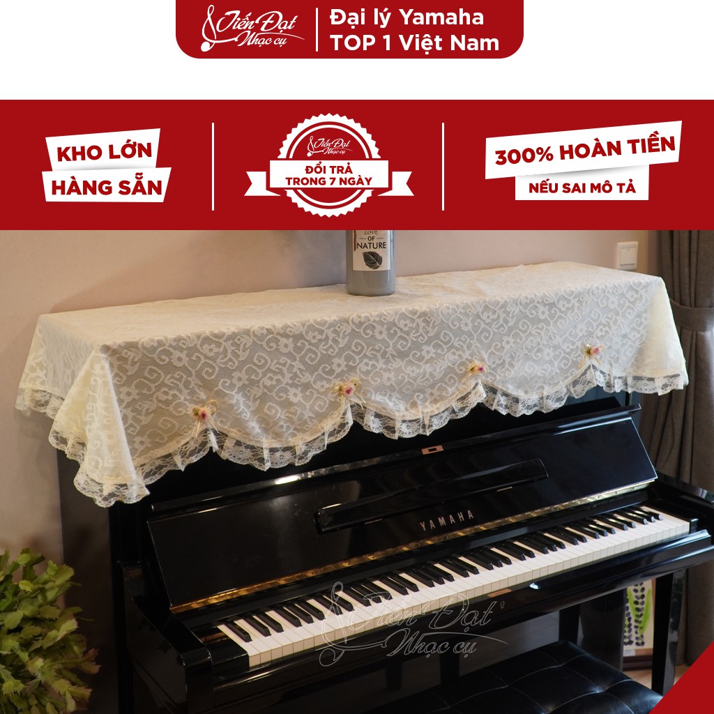 Khăn Phủ Đàn Piano Voan Phối Ren Thêu Hoa Nhí Đỏ KU-08