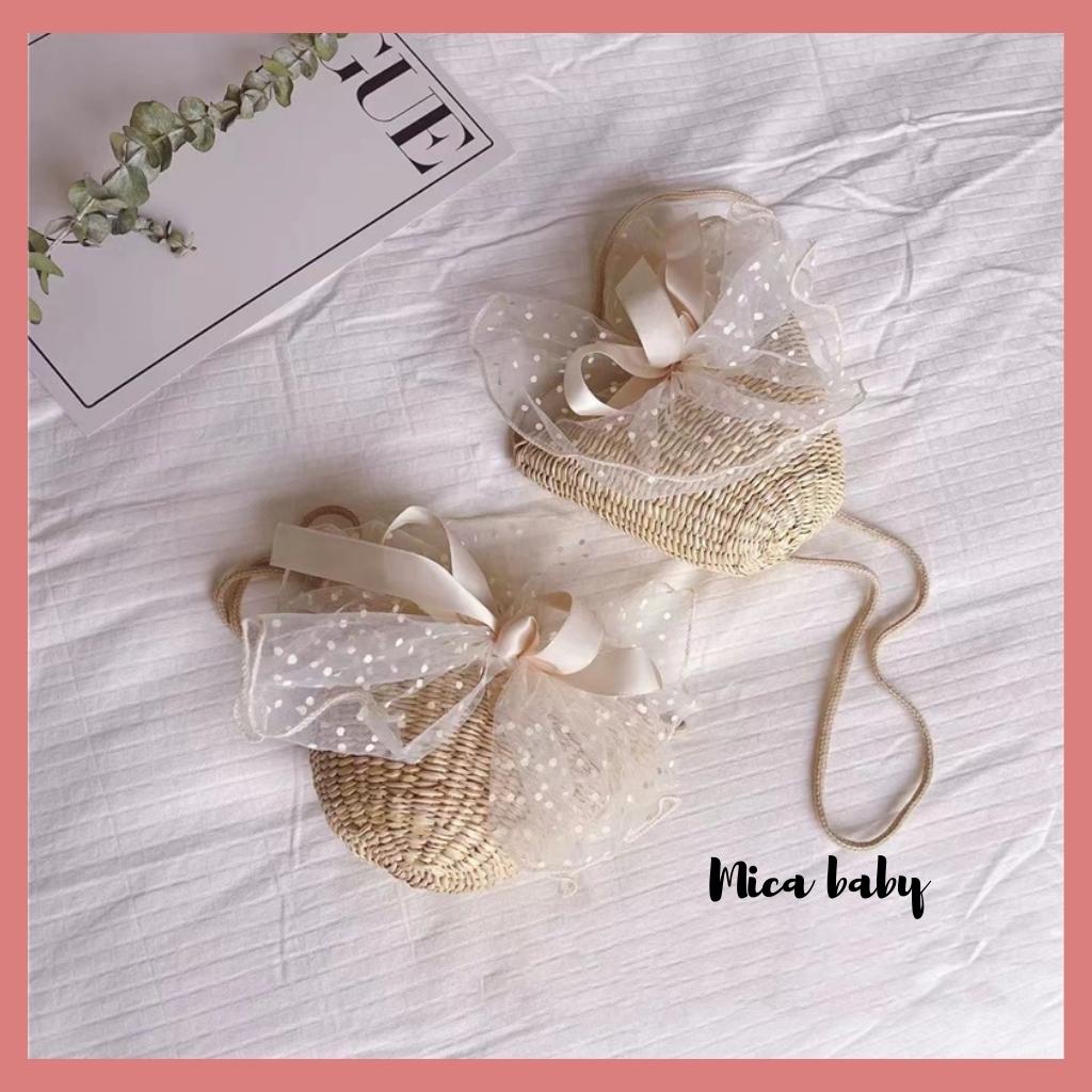 Túi cói đeo chéo đính nơ voan bản to siêu cưng cho mẹ và bé Mica Baby TC07