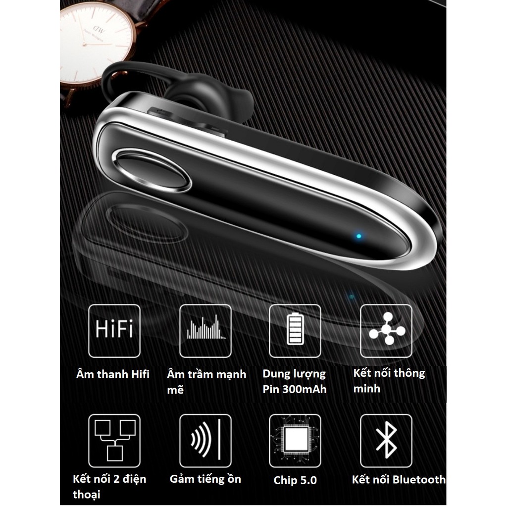 Tai nghe Bluetooth  5.0, âm thanh nổi Hifi, kết nối 2 điện thoại , pin 300mAh  nghe nhạc và đàm thoại từ 30 đến 40 giờ
