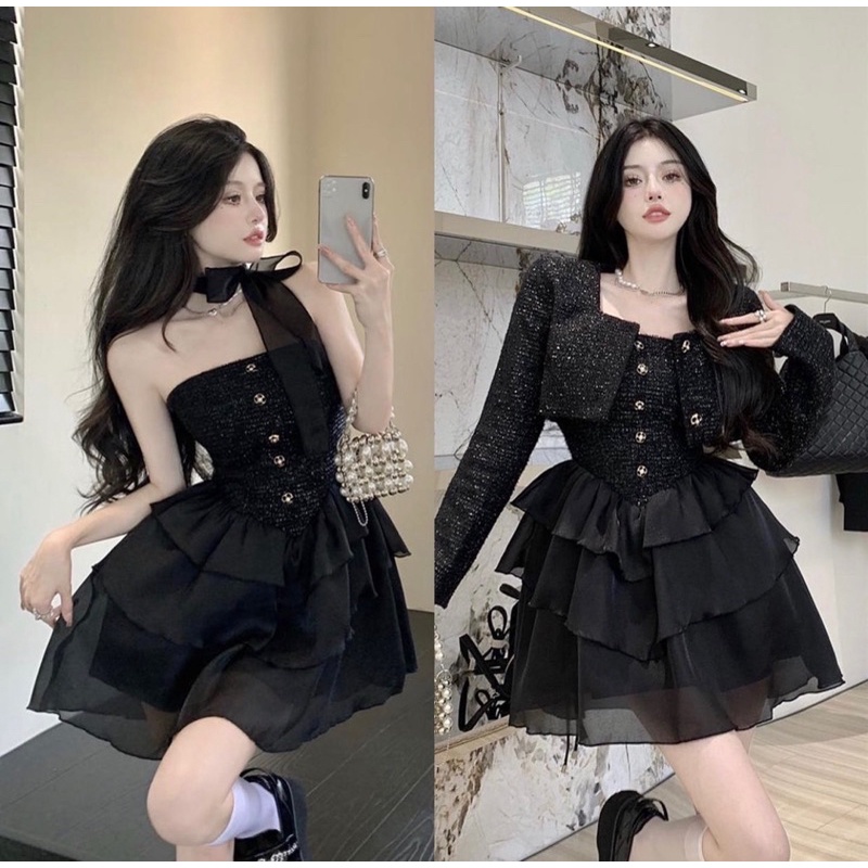 Set gồm đầm dạ ống ôm xoè tầng kèm áo khoác lửng croptop tặng kèm nơ voan cổ freesize Pumi
