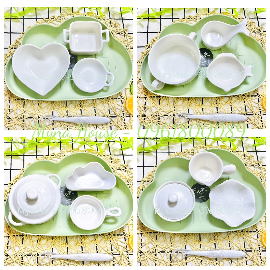 Combo chén bát sứ kèm khay và thìa ăn dặm cho bé - Sứ trắng