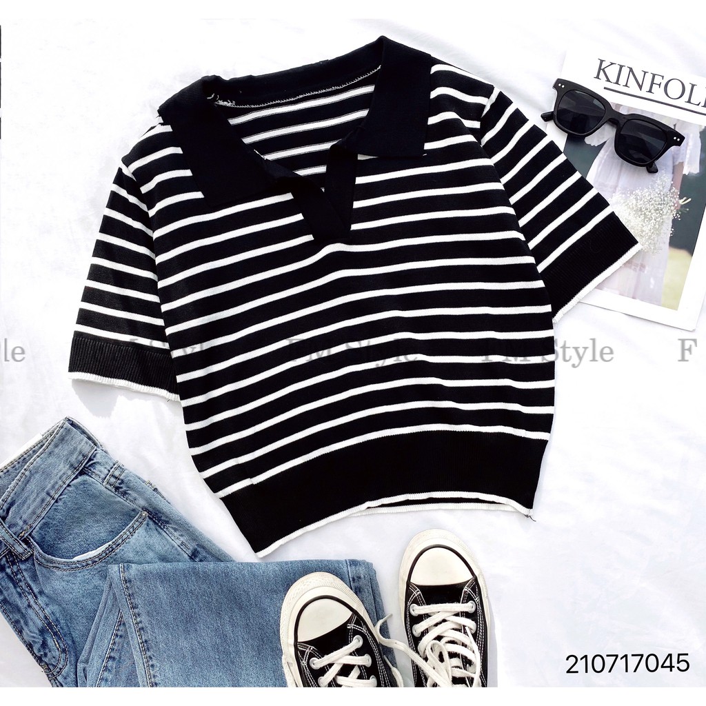 Áo kiểu nữ FM Style cổ bẻ tay ngắn họa tiết sọc ngang phong cách năng động trẻ trung thanh lịch basic 210717046 | BigBuy360 - bigbuy360.vn