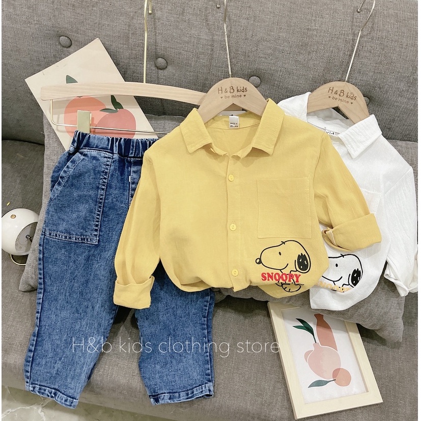 TẾT 2024: Bộ quần áo, Sét ÁO SƠ MI ĐŨI CARA + QUẦN BÒ, JEAN CARTER'S in chó SNOOPY dài bé trai 12-26kg