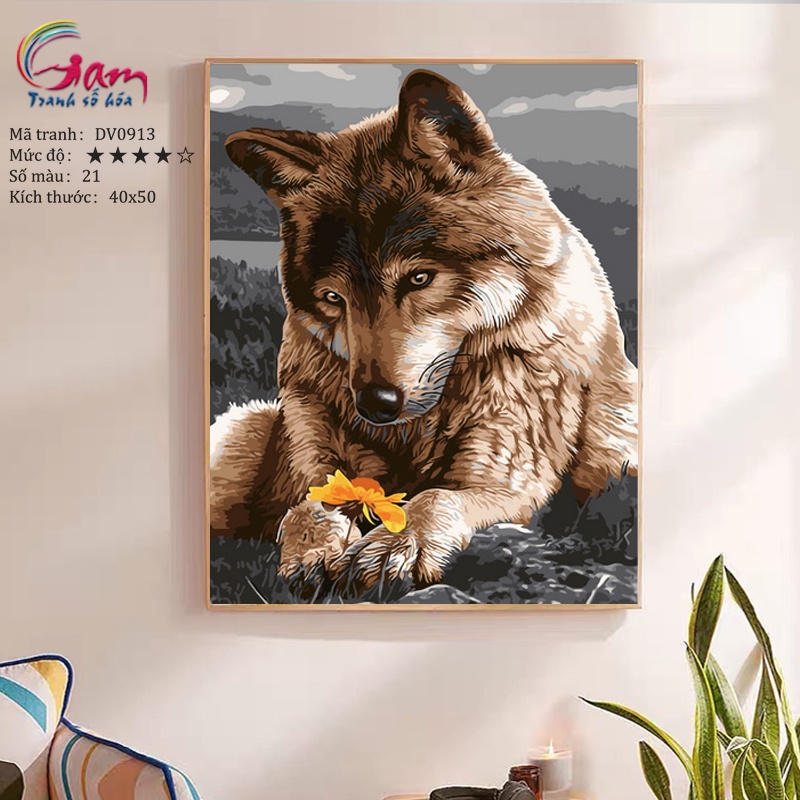 Tranh tô màu theo số sự dịu dàng của chó sói có sẵn đã căng khung 40x50cm DV0913