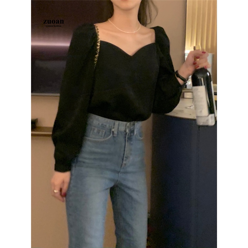 SUXI Áo Sơ Mi Dành Cho Nữ Cổ Trái Tim Màu Đen