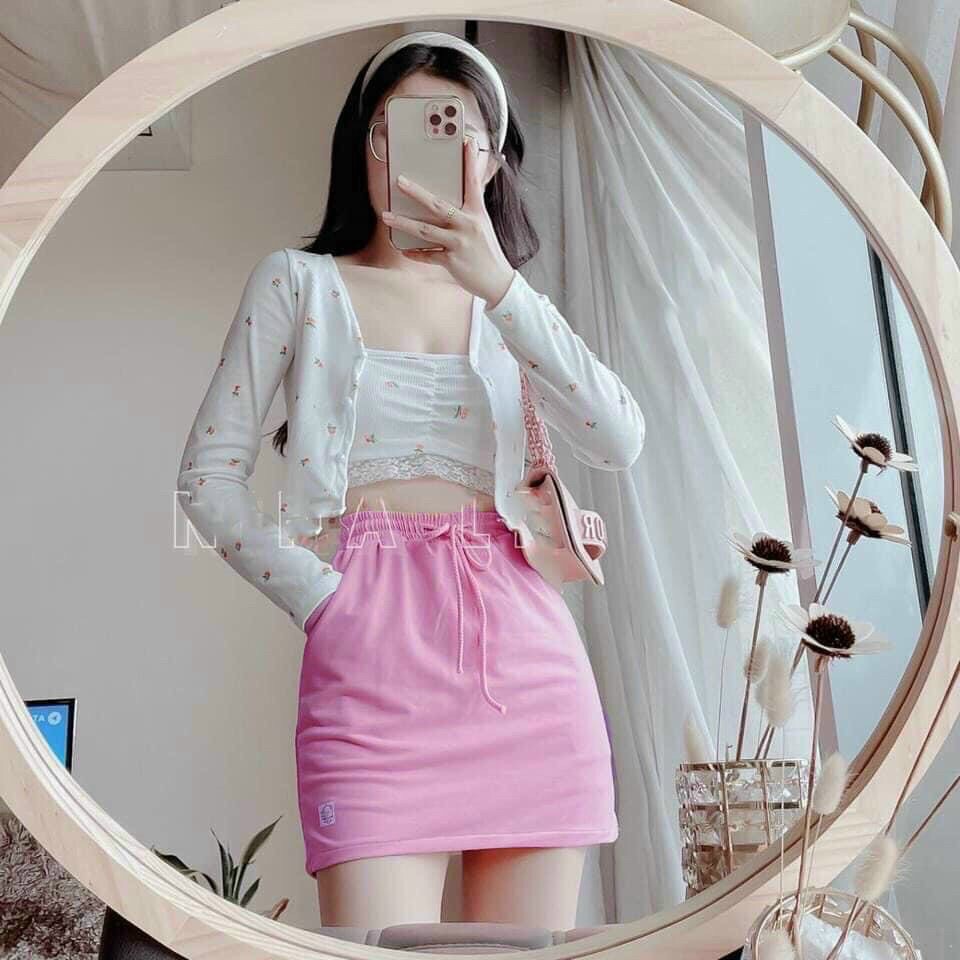 sét thun 3 món áo croptop hai dây chân váy ngắn kèm áo khoác nhẹ ngoài xinh xắn m43