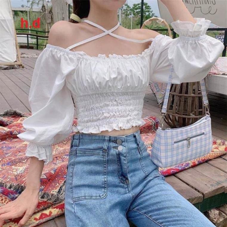 (Sẵn Hàng) Áo Sơ Mi  Nữ cổ vuông trắng trơn dài tay có dây ❤  Áo croptop buộc nơ Vintage tiểu thư  thời trang Hàn Quốc